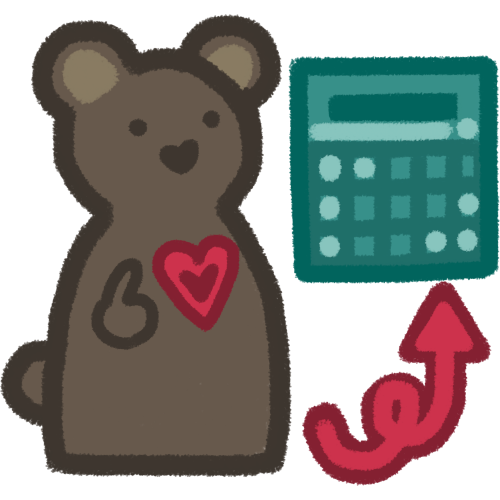 a brown bear pointing towards itself and looking to the right, there’s a red heart on its chest. to its right is a teal AAC tablet and a swirly red arrow pointing to it